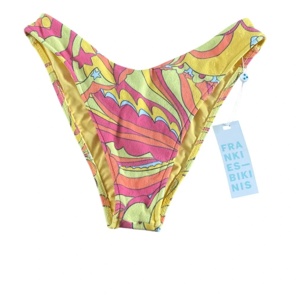 Frankies Bikinis Enzo Terry Pink & Yellow Floral High-Cut Bikini Bottom Size S